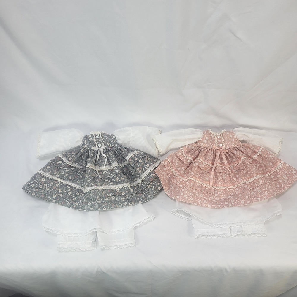 Set of 2 Floral Doll Dresses with Bloomers Pink Blue Ruffle Lace Trim Handmade